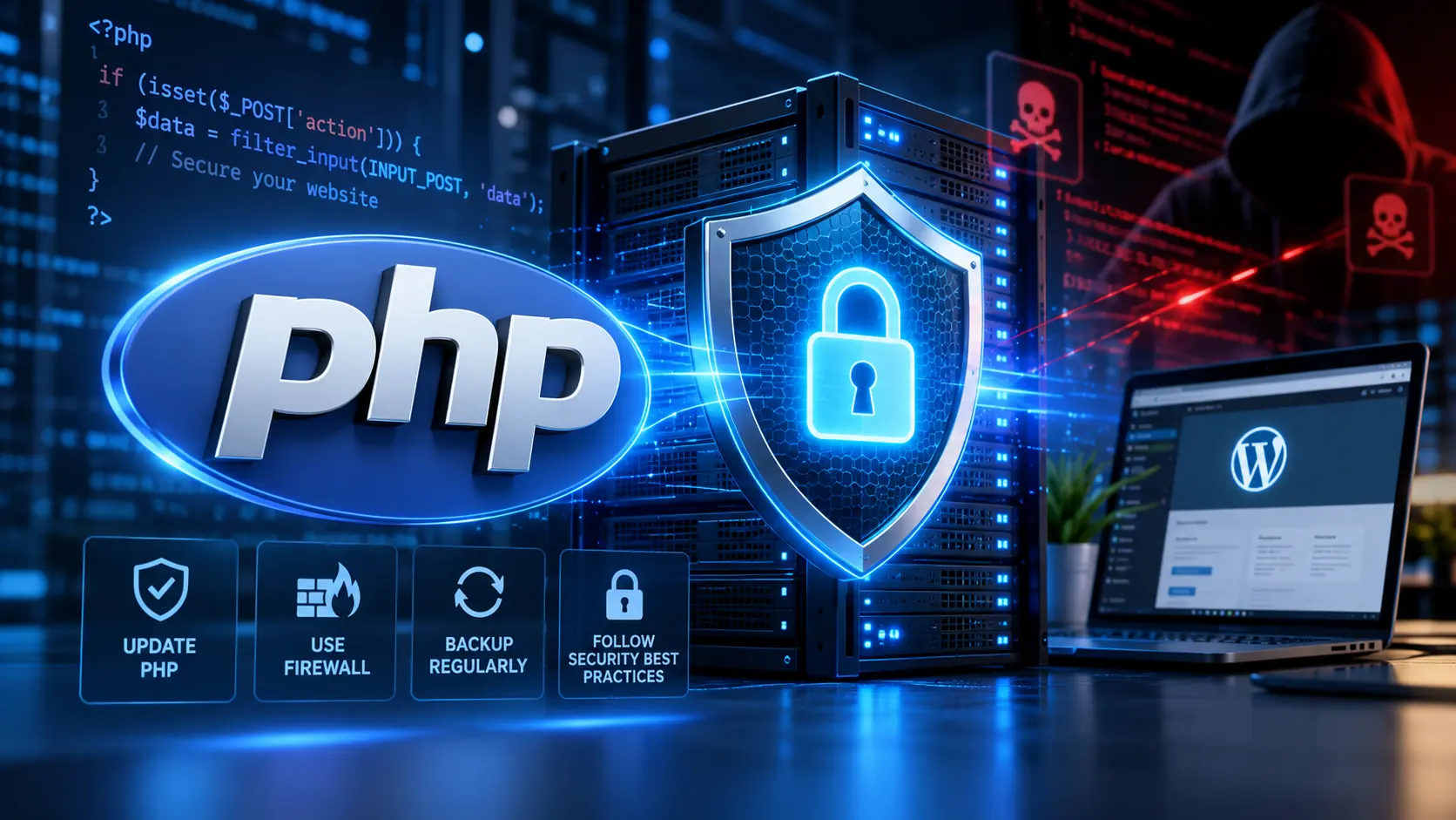 PHP security vulnerabilities 2026 – Protecting WordPress websites from cyberattacks with firewalls, updates, and secure servers.